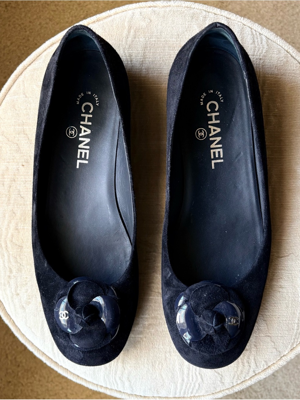 CHANEL Black Suede Camellia Appliqué Ballet Flats